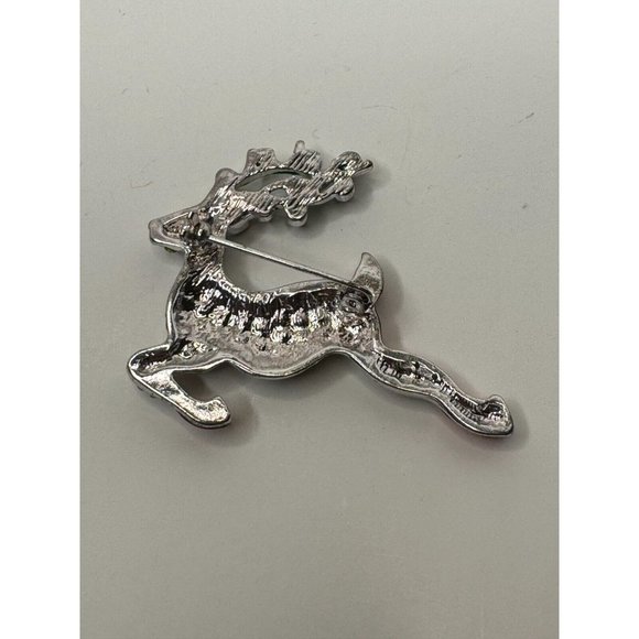 Reindeer Brooch Pin Vintage Christmas Jewelry Unsigned Rhinestones Holly Antlers - Picture 3 of 4
